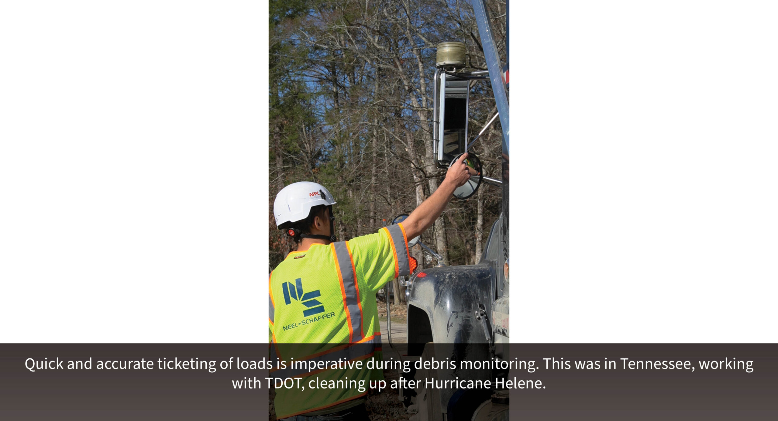 Quick and accurate ticketing of loads is imperative during debris monitoring. This was in Tennessee, working with TDOT, cleaning up after Hurricane Helene.