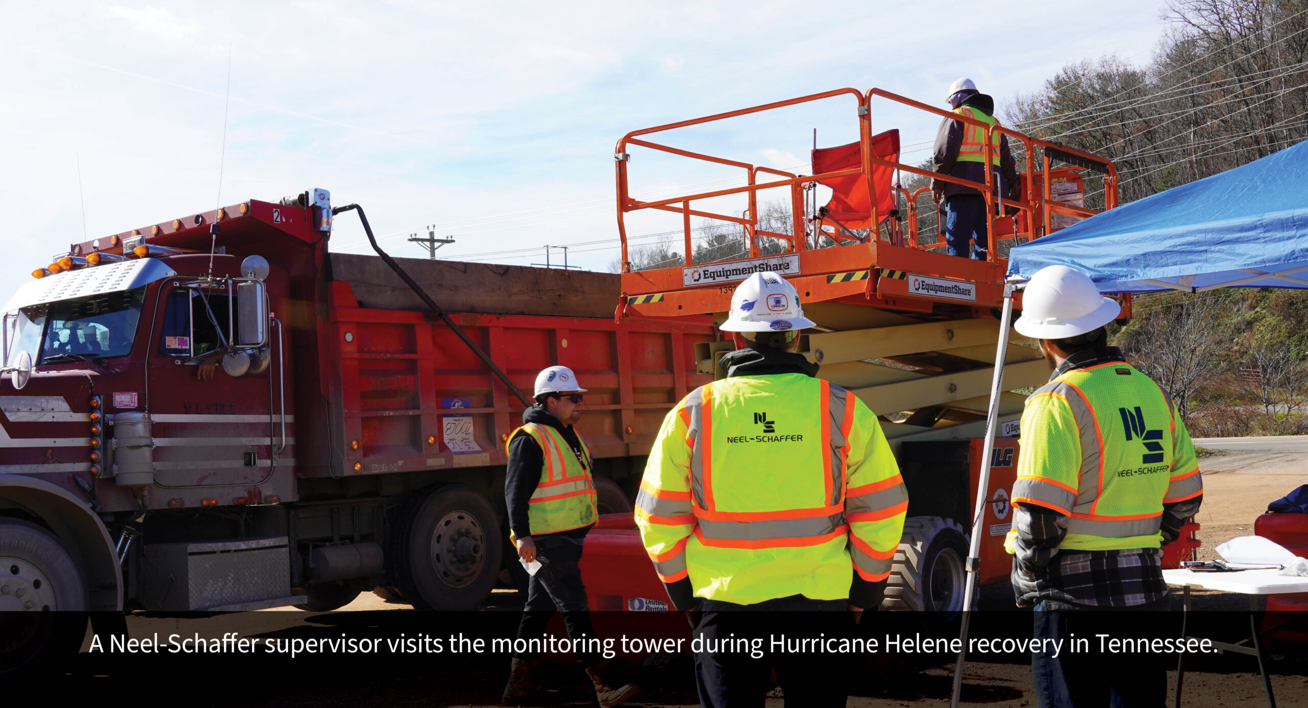 A Neel-Schaffer supervisor visits the monitoring tower during Hurricane Helene recovery in Tennessee.