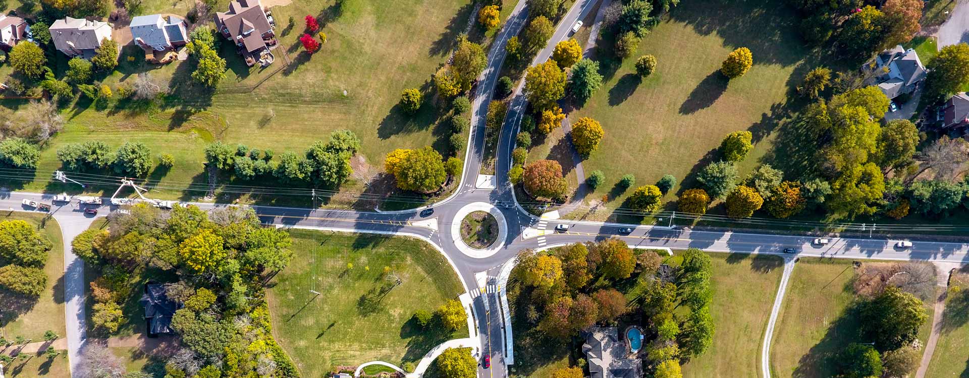 Aerial view of a two-lane roundabout.