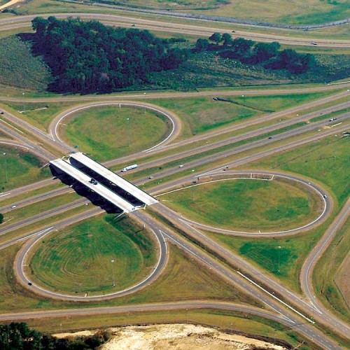 Aerial view of the on and off ramps at the Nissan interchange.