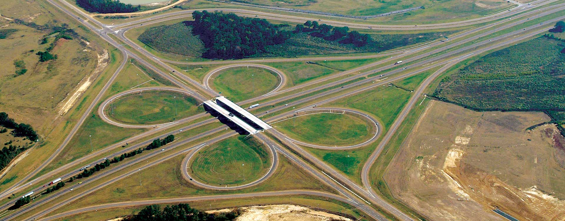 Aerial view of the on and off ramps at the Nissan interchange.