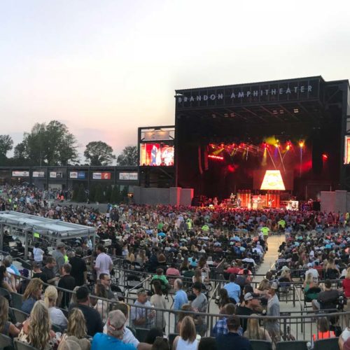 A view of the stage at the Brandon Amphitheater as seen from the audience.