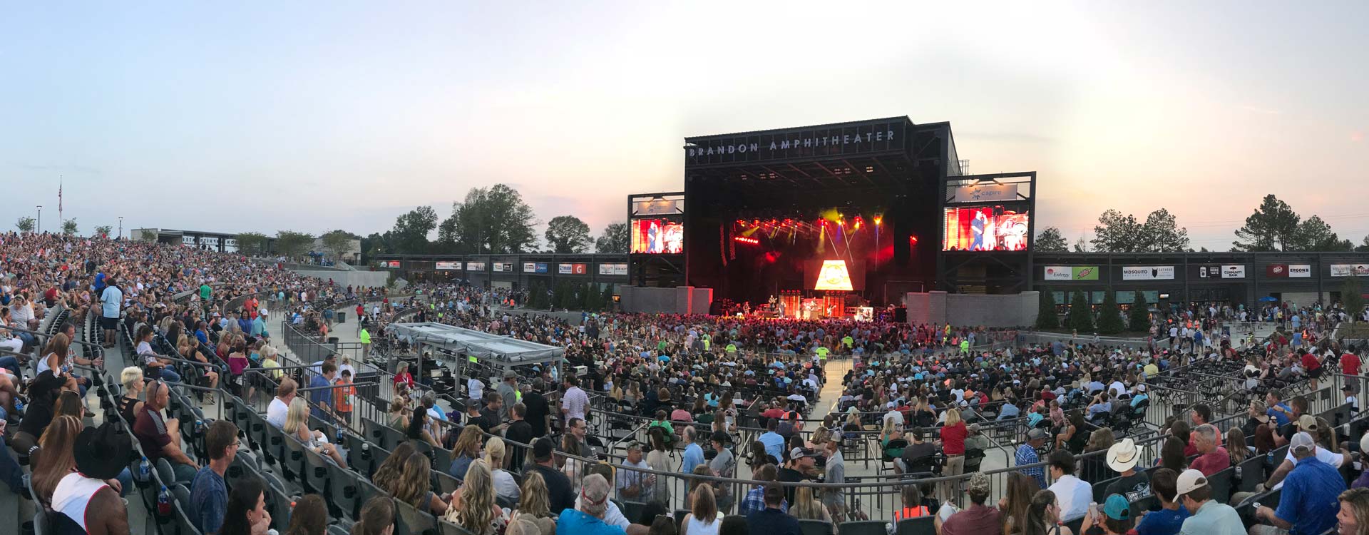 A view of the stage at the Brandon Amphitheater as seen from the audience.
