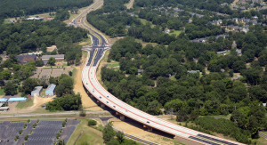 An aerial view of a bridge.