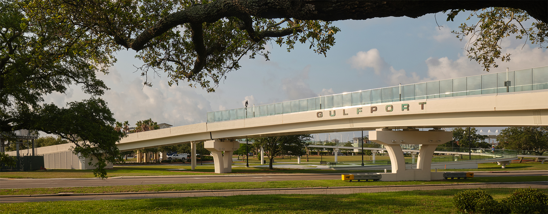 A bridge that says "Gulfport" on the side.